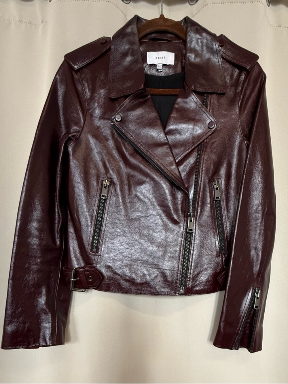 Reiss Burgundy Leather Moto Jacket